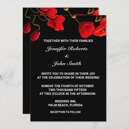 Invitation Fleurs de pavot Floral Rouge noir Mariage unique (Devant / Derrière)