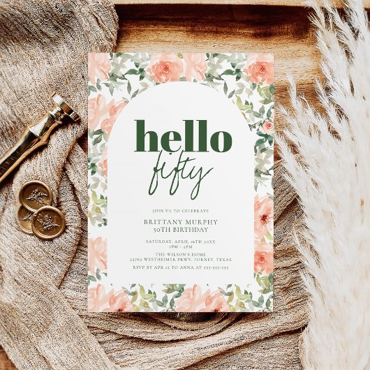 Invitation Fleurs de Pêche Arch tendance moderne 50e annivers