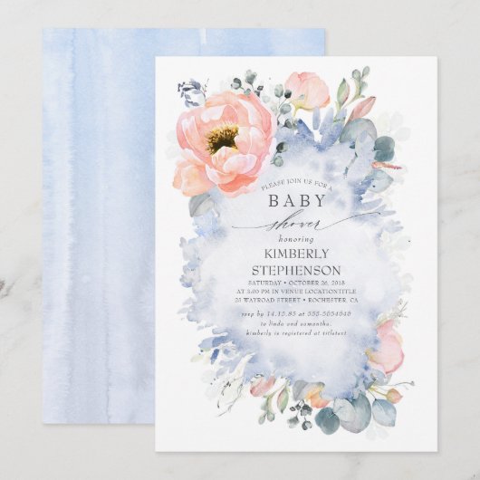 Invitation Fleurs de Pêche Baby shower moderne Dusty Bleu (Devant / Derrière)