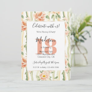 Invitation Fleurs de Pêche Bandes Vert Menthe 18e Anniversair