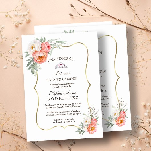 Invitation Fleurs de Pêche Blanche Baby shower Espagnol Invit