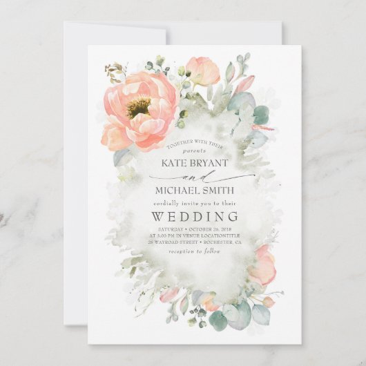 Invitation Fleurs de Pêche Botanique Élégant Mariage de Jardi (Devant)