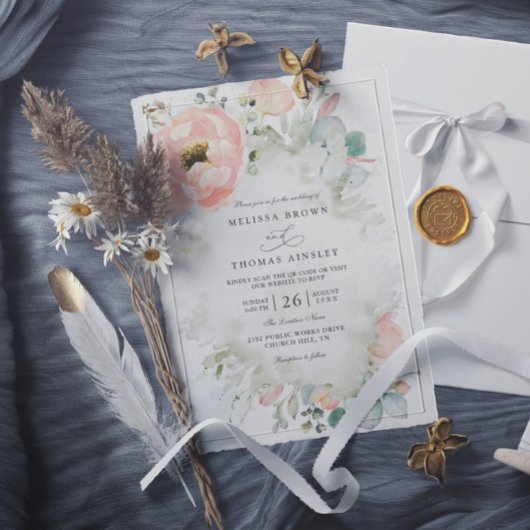 Invitation Fleurs de Pêche Botaniques Élégant Code QR Mariage