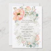 Invitation Fleurs de Pêche Botaniques Élégant Code QR Mariage (Devant)