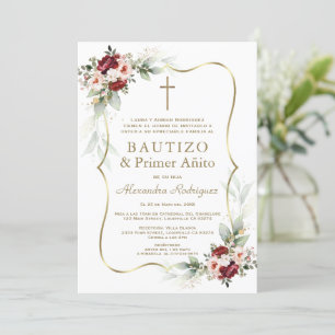 Invitation Fleurs de Pêche Bourgogne Or 1er Anniversaire Bapt