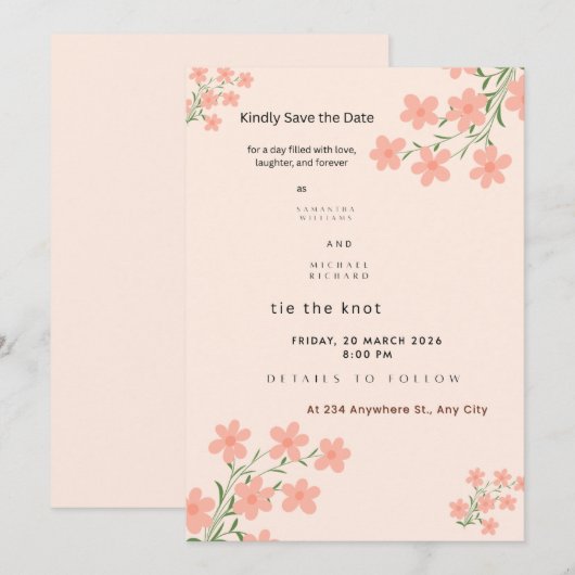 Invitation Fleurs de Pêche Douce Enregistrer la Date – Cora M (Devant / Derrière)