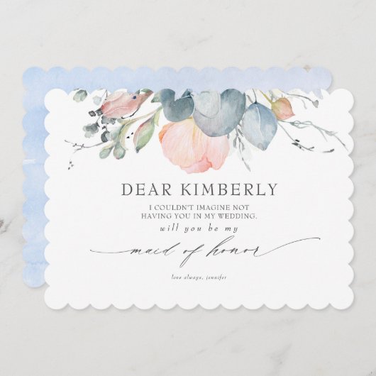 Invitation Fleurs de Pêche Dusty Blue Be My Maid of Honor (Devant / Derrière)