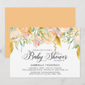 Invitation Fleurs de Pêche et Baby shower Feuille d'or (Devant / Derrière)