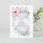Invitation Fleurs de Pêche et verdure Dusty Bleu Anniversaire (Debout devant)