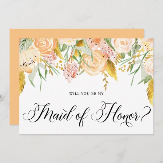 Invitation Fleurs de Pêche Or Seras-Tu Ma Demoiselle d'Honneu (Devant / Derrière)