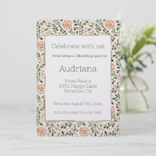 Invitation Fleurs de Pêche Rose Feuilles Vertes Anniversaire