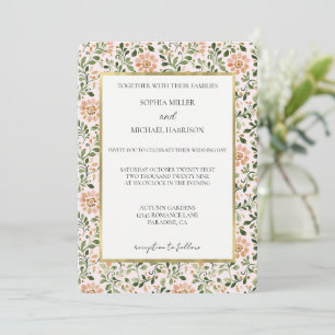 Invitation Fleurs de Pêche Rose Feuilles Vertes Mariage