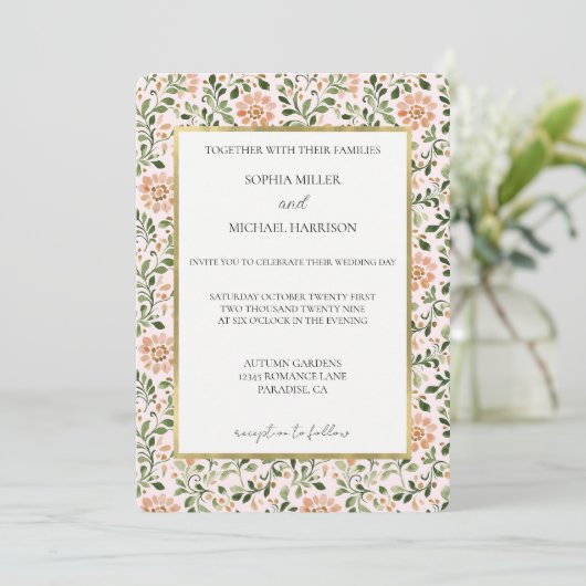 Invitation Fleurs de Pêche Rose Feuilles Vertes Mariage (Debout devant)