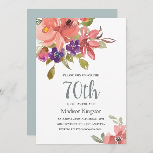 Invitation Fleurs de Pêche Turquoise 70e anniversaire Invitat (Devant / Derrière)