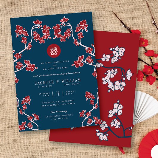 Invitation Fleurs de Pêcher Double Bonheur Mariage Chinois