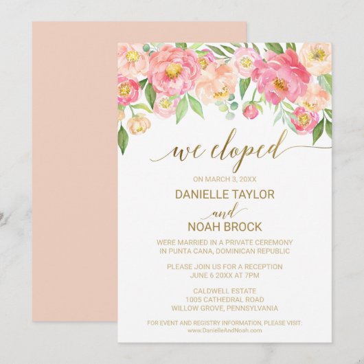 Invitation Fleurs de Pêcher et de Pivoine Rose pour Réception (Devant / Derrière)