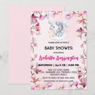 Invitation Fleurs de petits éléphants roses baby showers enfa