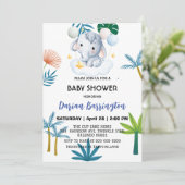 Invitation Fleurs de petits éléphants roses baby showers enfa (Debout devant)