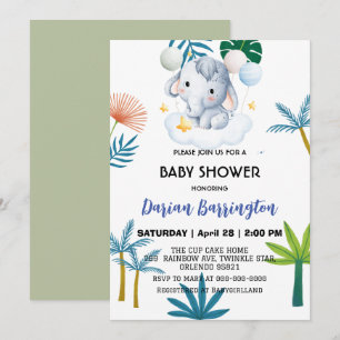 Invitation Fleurs de petits éléphants roses baby showers enfa