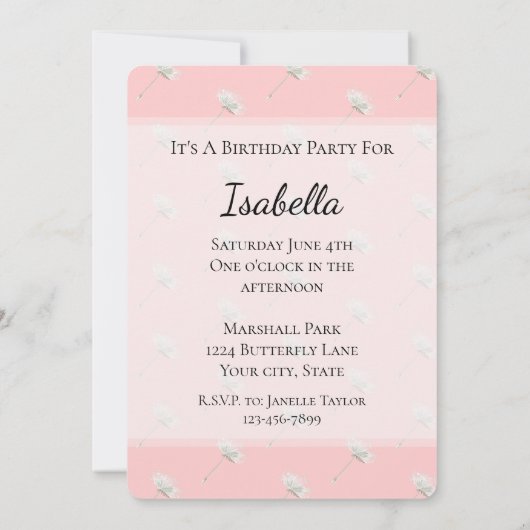 Invitation Fleurs de pissenlit rose blush chic pour anniversa (Dos)