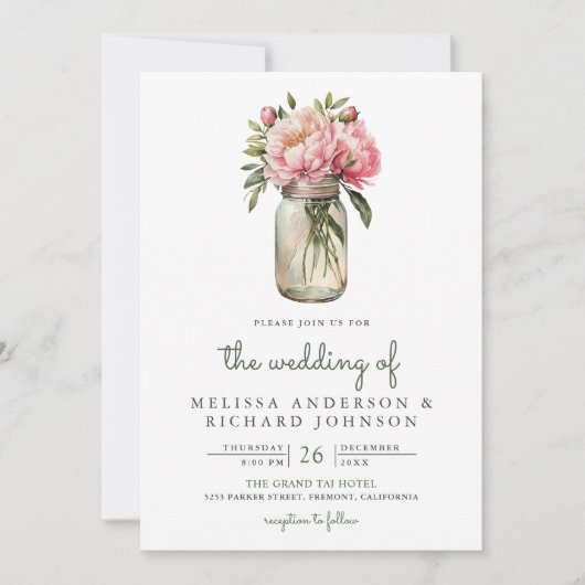 Invitation Fleurs de pivoine rose tendre Pot Mason Code QR Ma (Devant)