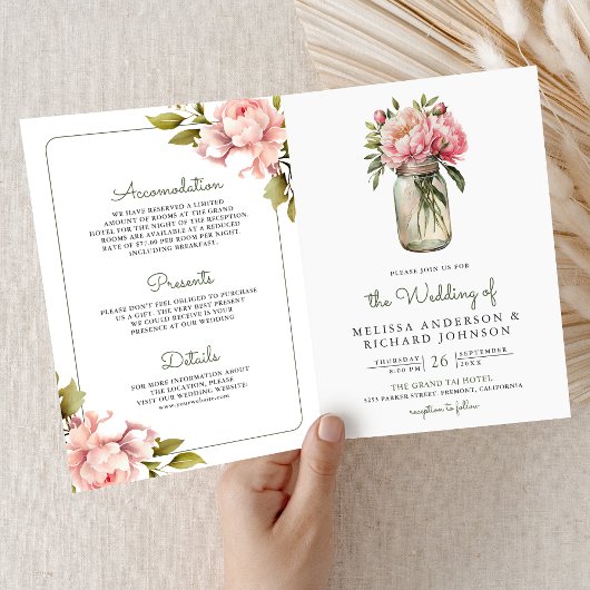 Invitation Fleurs de pivoine rose tendre Pot Mason Code QR Ma