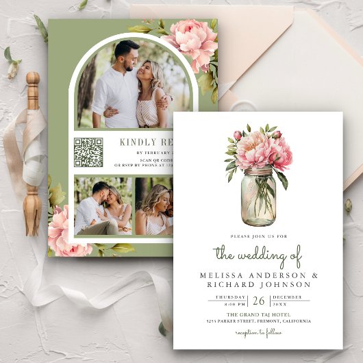 Invitation Fleurs de pivoine rose tendre Pot Mason Code QR Ma