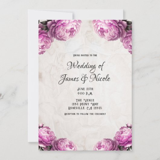 Invitation Fleurs de pivoine rose vif Mariage rustique vintag (Devant)