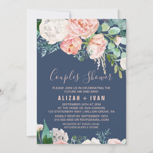 Invitation Fleurs de pivoines romantiques | Douche Couples Bl (Devant)
