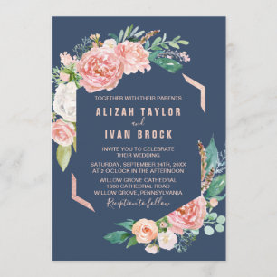 Invitation Fleurs de pivoines romantiques   Mariage bleu
