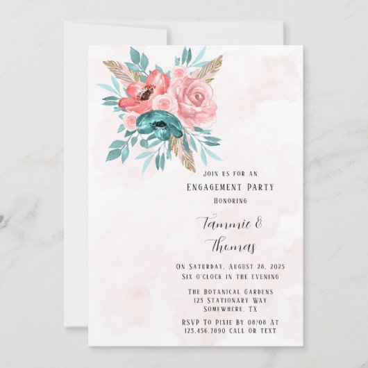 Invitation Fleurs de pivoines turquoises et roses (Devant)