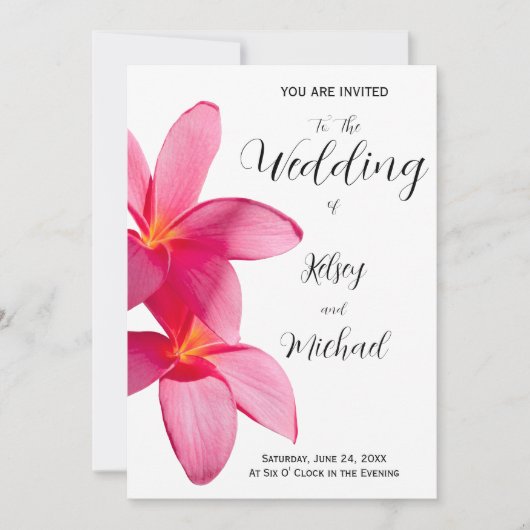 Invitation Fleurs de Plumeria roses, mariage tropical floral (Devant)