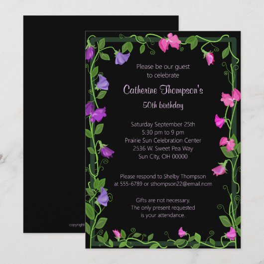 Invitation Fleurs de pois doux (Devant / Derrière)