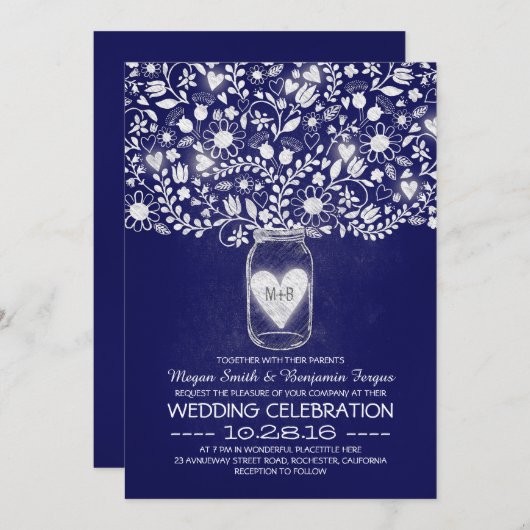 Invitation Fleurs de pot Mason bleu royal mariage invite (Devant / Derrière)