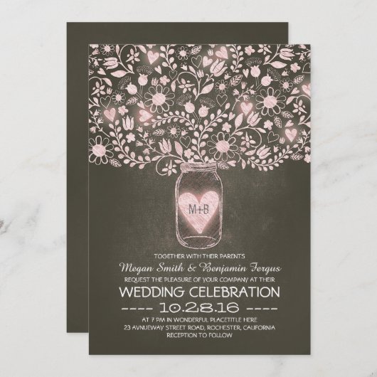 Invitation Fleurs de pot Mason rose mariage rustique invite (Devant / Derrière)