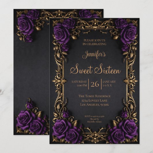 Invitation Fleurs de pourpre foncé gothique Sweet 16 (Devant / Derrière)