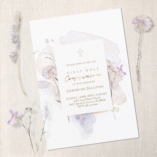 Invitation fleurs de prairie aquarelle Première communion sai