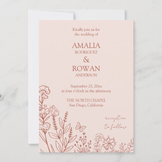 Invitation Fleurs de prairie Mariage Rose (Devant)