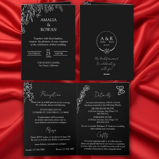 Invitation Fleurs de prairie Mariage tout-en-un noir et blanc