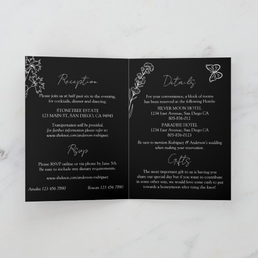 Invitation Fleurs de prairie Mariage tout-en-un noir et blanc (Intérieur)