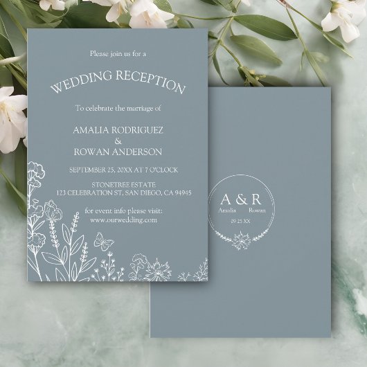 Invitation Fleurs de prairie Réception de mariage gris bleu
