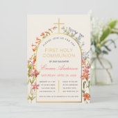 Invitation Fleurs de première communion de fille or arche flo (Debout devant)