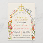 Invitation Fleurs de première communion de fille or arche flo (Devant)