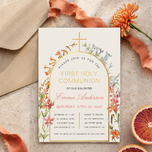 Invitation Fleurs de première communion de fille or arche flo