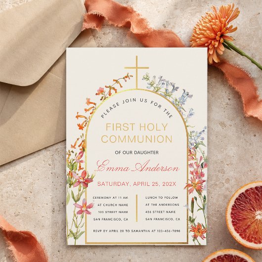 Invitation Fleurs de première communion de fille or arche flo