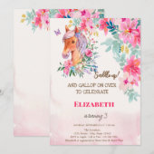 Invitation Fleurs de printemps à l'aquarelle Poney Anniversai (Devant / Derrière)