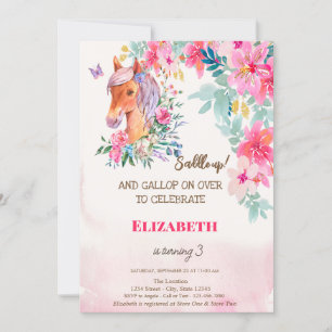 Invitation Fleurs de printemps à l'aquarelle Poney Anniversai