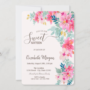Invitation Fleurs de printemps à l'aquarelle Sweet 16