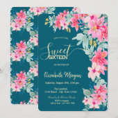 Invitation Fleurs de printemps à l'aquarelle vertes Sweet 16 (Devant / Derrière)