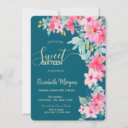 Invitation Fleurs de printemps à l'aquarelle vertes Sweet 16 (Devant)
